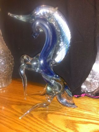 Murano Unicorn Hand Blown Cobalt Blue Art Glass Horse Sculpture