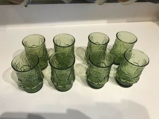 8 Vintage Anchor Hocking Avocado Green Rain Flower Juice Glasses 3 3/4”