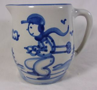 Vintage M.  A.  Hadley Art Pottery Country Skier Pitcher Jug - 5 " - Blue - The End - 24 Oz
