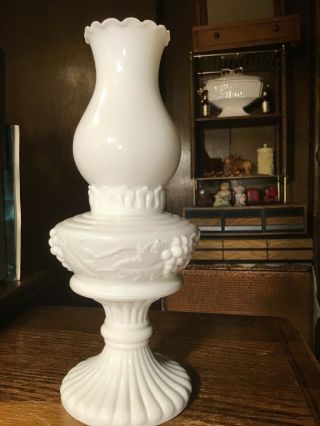 Vintage 1950’s Imperial Oil Lamp Style Vase White Milk Glass Grape Design 11”