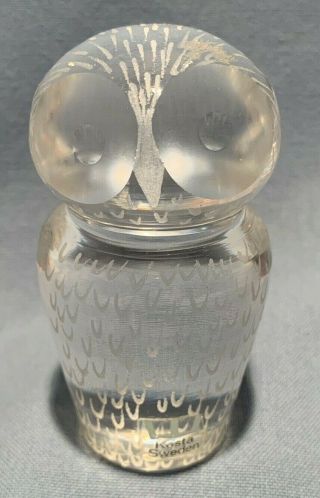 Vintage Kosta Boda Crystal Owl Paperweight Etched Clear Glass Figurine