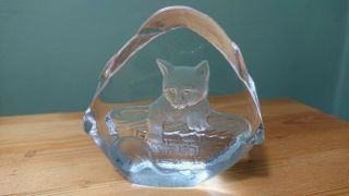 Nybro Swedish Art Glass Paperweight Cat Kitten Playing In Basket Paul Isling 2