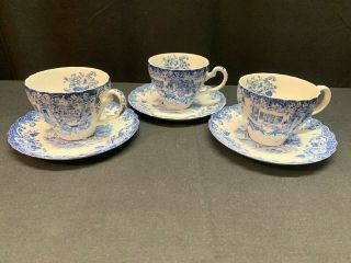 Johnson Brothers " Coaching Scenes " Blue Set Of 3 Cups & Saucers 2 3/4 " Tal