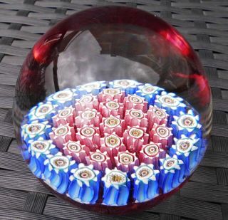 Vintage Italian Murano Concentric Millefiori Ruby Ground Paperweight