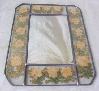 Vintage Hand Soldered Stained Glass Wall Mirror Dried Marigold Flowers Lovely Pc