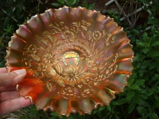 Carnival Glass.  Northwood Dark Marigold Stippled Good Luck Pie Crust Edge Bowl.
