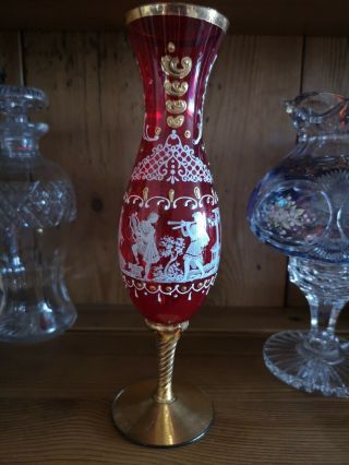 Vintage Murano Venetian Hand Painted Red Ruby Glass Vase