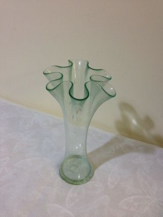 Small Vintage Hand Blown Green Art Glass Fluted Vase Flowers Decorations 18cm