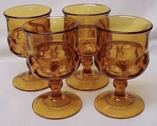 4 Vintage Indiana Amber Glass Kings Crown Thumbprint 5.  75 " Wine Water Goblet Set