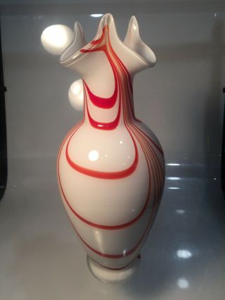 Vintage Glass Flower Vase Red Orange & White Striped 13 " Hand Blown Ribbon