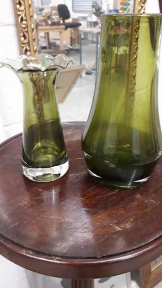 Two Lovely Olive/moss Green Art Glass Vases
