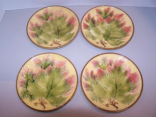 4 Vintage Majolica Pottery Leaf Plates 7 3/4 " Handpainted Made In Germany