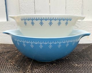 Vintage Pyrex Set Of 2 Cinderella Blue Garland Snowflake❄️ Nesting Bowls 444 443