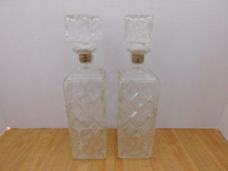 Set Of 2 Vintage Decanter Clear Glass Crystal - Diamond Pattern