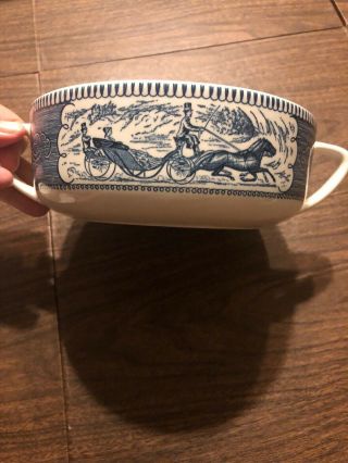 Currier and Ives Covered Casserole Dish Blue/White Carriage Horses VTG 4