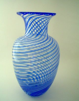 Vintage Hand Blown Clear With Blue Swirls Art Glass Vase 9 "