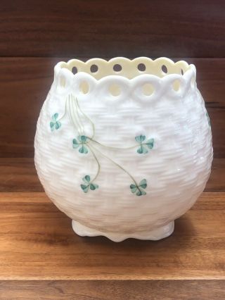 Vintage Belleek Shamrock Basket Weave Lattice Edge Vase Pot