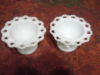 2 Vintage White Milk Glass Lace Edge Pedestal Footed Candy Dish Compote Bowls