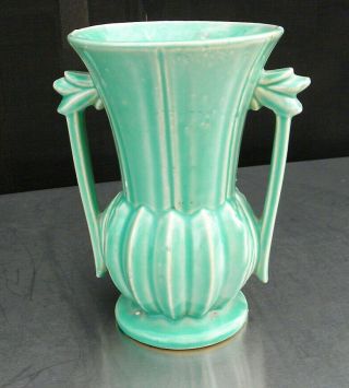 Vintage Mccoy Gloss Green Art Pottery Handled Melon Vase - Signed Mccoy