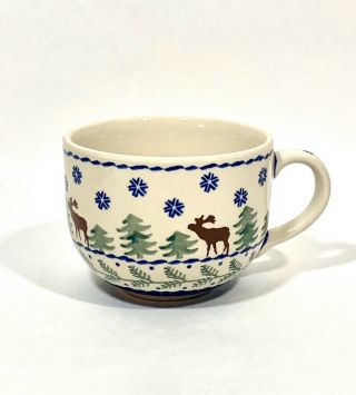 Boleslawiec Polish Pottery Reindeer Moose Pine Tree Snowflake Soup Mug