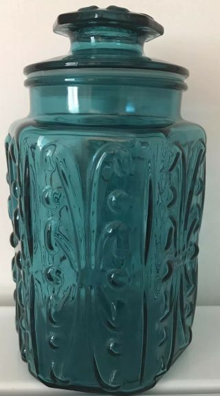 Vintage Atterbury Scroll Glass Canister/jar Teal Blue 9.  5 " Tall