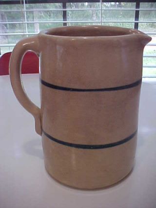 Old Vintage Stoneware Pottery Pitcher Tan With 2 Blue Bands