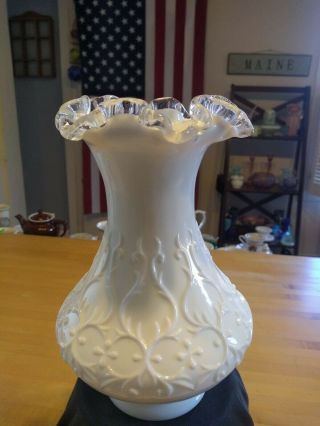 Vintage Fenton 8 " Silver Crest Spanish Lace Milk Glass Ruffled Vase Ex