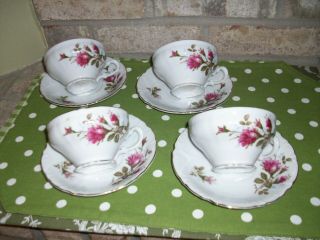 Royal Rose Fine China Japan Moss Rose Pattern Set Of 4 Coffee Tea Cups & Saucers