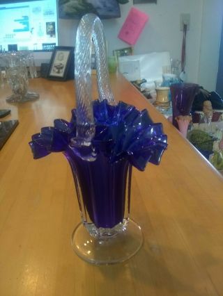 Vintage Hand Blown Ruffle Top Clear And Cobalt Blue Basket Unique With Handle