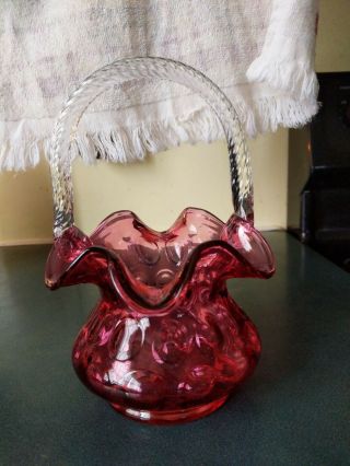 Vintage Fenton Fluted Cranberry Basket With Clear Twisted Handle.