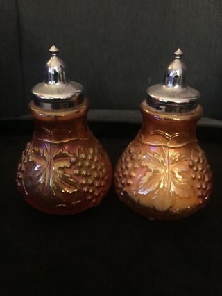 Vintage Imperial Grape And Leaf Marigold Carnival Glass Salt & Pepper Shakers.