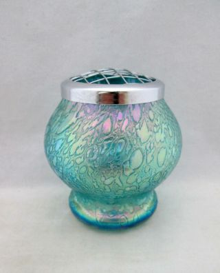 Vintage Heron Glass Iridescent Blue Glass Small Posy Bowl Metal Frog