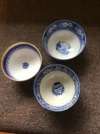3 Antique Flow Blue Handless Tea Cups.
