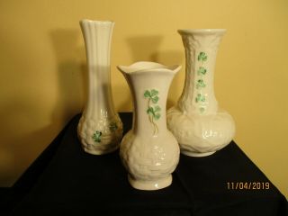 3 Small Vintage Irish Belleek Vases With Shamrocks