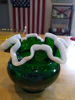 Vintage Fenton Rose Bowl Vase Emerald Green Snow Crest Art Glass 4 "