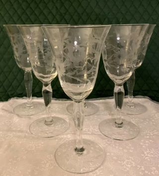6 Vintage Floral Etched Crystal Optic 8 Oz Wine Glasses Goblets Stemware 7” Tall