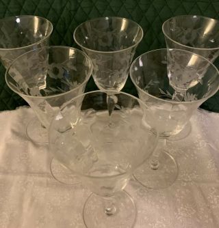 6 Vintage Floral Etched Crystal Optic 8 Oz Wine Glasses Goblets Stemware 7” Tall 2