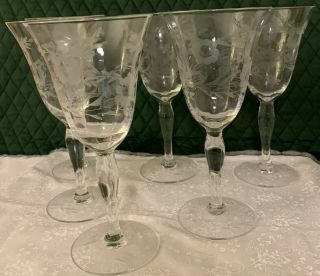 6 Vintage Floral Etched Crystal Optic 8 Oz Wine Glasses Goblets Stemware 7” Tall 3