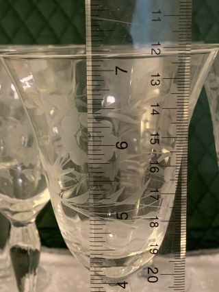 6 Vintage Floral Etched Crystal Optic 8 Oz Wine Glasses Goblets Stemware 7” Tall 5