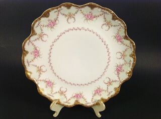 Limoges France Display Plate.  8 1/4 ".  Pink Roses With Heavy Brushed Gold Elite