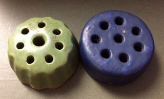 Two (2) Vintage Art Pottery Flower Frogs 1 - Green 1 - Navy Blue