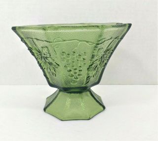 Vintage Green Onion Depression Glass Candy Pedestal Bowl Vase Grape Vine Design