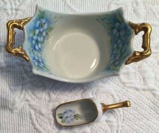 Vintage Hand Painted Blue Flowers Gold Handled Dish Candy Nut With Scoop Signed