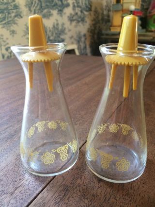Vintage Pyrex Glass Salt Pepper Shaker Set Pair Butterfly Gold Mid Century
