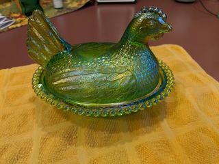 Vintage Carnival Glass Chicken Hen On Nest Dish With Lid - Iridescent Green