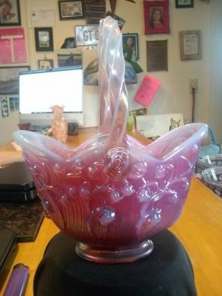 Vintage Bill Fenton Plum Opalescent Glass Basket Lily Of The Valley Repaired