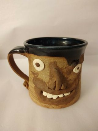 Ugly Face Pottery Coffee Mug 1 Eyebrow Smile Crooked Teeth Stoneware Signed