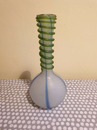 Vintage Opaque Glass Flower Vase With Blue & Green Spiral Design