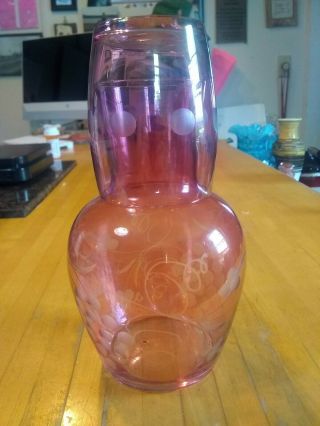Vintage Stained Cranberry Glass Tumble - Up Bedside Carafe & Tumbler Etched