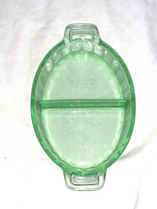 Jeanette Depression Glass Relish Dish Green Floral Handles Oval Divided